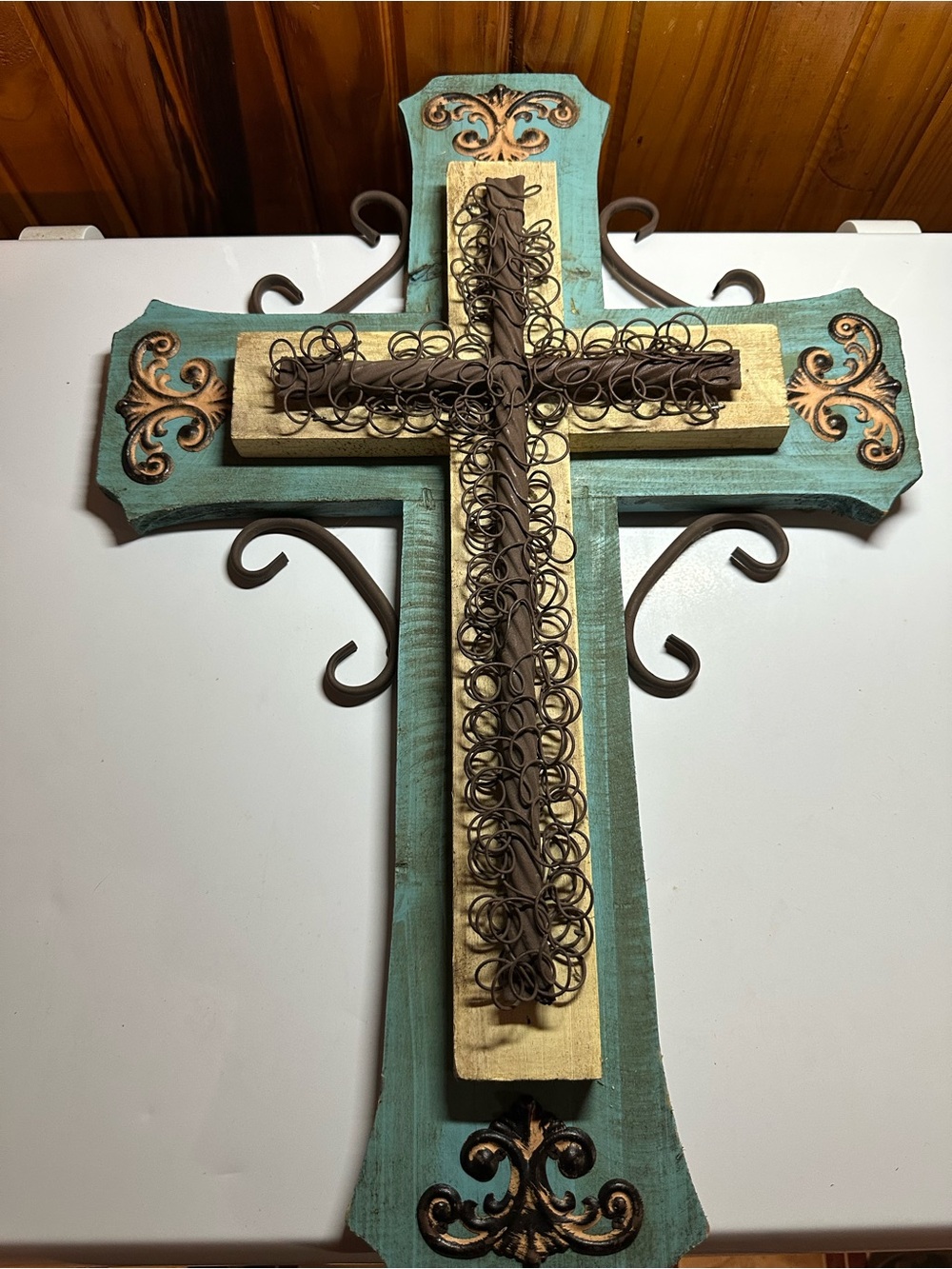 Handcrafted Wooden Wall Cross in Turquoise and Cream “rustic design”